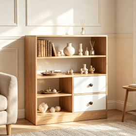Open storage cabinet, 3 compartments, 2 drawers