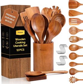 Teak Wooden Kitchen Utensil Set with Spoon Rest