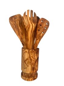 Olive Wood Kitchen Utensils, Servers Set w/Holder -6 Pcs