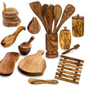 Mediterranean Olive Wood Ultimate Kitchen Collection - 25-Piece Luxury Handcrafted Accessories