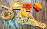 Mediterranean Olive Wood 4-Piece Kitchen Set - Handcrafted Wooden Mortar and Pestle, Multi-Purpose Serving Bowl, and Durable Cutting Board