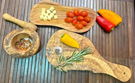 Mediterranean Olive Wood 4-Piece Kitchen Set - Handcrafted Wooden Mortar and Pestle, Multi-Purpose Serving Bowl, and Durable Cutting Board