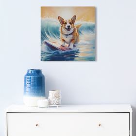 Corgi on a surfboard, Canvas Wall Art