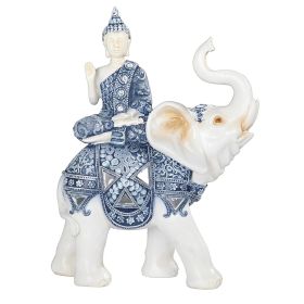 9"H Blue and White Thai Buddha Sitting on Elephant Figurine Home Decor Gift, Collectible