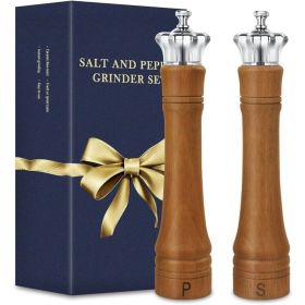 10 Inch Wooden Salt and Pepper Grinder Set, 2 Pack Manual Mill Shakers with Adjustable Ceramic Core, Elegant Crown Lid Design
