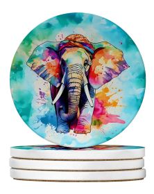 Elephant Large Sandstone Coasters Pack of 4, Absorbent Round Coasters, 4 in, Multicolor