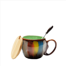 Ceramic cup, mug with lid and spoon, Multicolor exterior, color choices refer to inside (Color: Green)