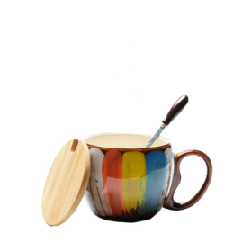 Ceramic cup, mug with lid and spoon, Multicolor exterior, color choices refer to inside (Color: Yellow)