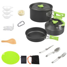 16 Pcs Camping Cooking Ware Set Camping Stove Cookware Kit Aluminum Pot Pan Kettle Set With Bowls Knife Fork Spoon Carabiner Spatula Cutting Board (Color: Green)
