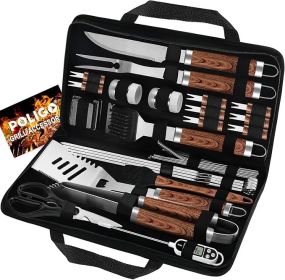 Wood Handle, Grill Tools, 29 PCS BBQ Grill Tools Set With Storage Bag (Color: Brown)