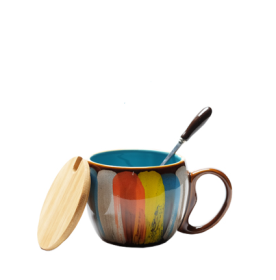 Ceramic cup, mug with lid and spoon, Multicolor exterior, color choices refer to inside (Color: Blue)