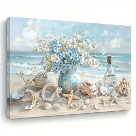 1 Piece Framed Wooden Canvas Painting, One Piece Blue Vase Floral Canvas Print, Wooden Frame Wall Art, Shell And Ocean Theme, Various Sizes (Option: 12X8inch)