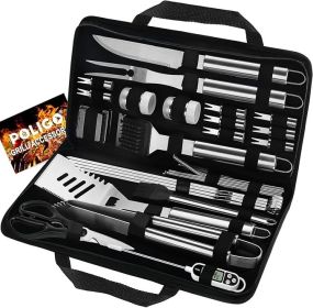 Wood Handle, Grill Tools, 29 PCS BBQ Grill Tools Set With Storage Bag (Color: Silver)
