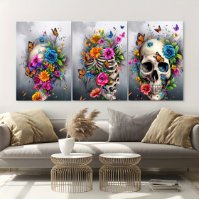 3 Pieces Skull Art with Flowers, Canvas Painting, Framed Contemporary Abstract Minimalist Artwork For Living Room Bedroom Bathroom (Option: 16X12inch)