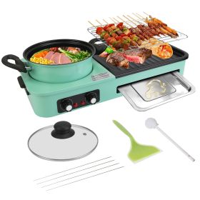 3 In 1 Electric Hot Pot With Grill 1600W Smokeless Non-Stick Korean BBQ Grill Shabu Shabu Hot Pot Combo With Independent Temperature Control (Color: Green)
