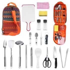 19 Pcs Camping Cooking Utensil Kit Portable Picnic Cookware Outdoor Kitchen Equipment Gear Campfire Barbecue Appliances With Storage Bag (Color: Orange)