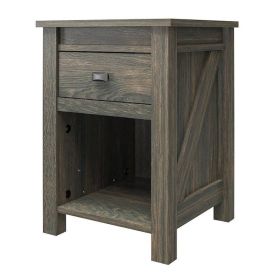 Farmhouse 1-Drawer Bedroom Nightstand with Open Shelf in Rustic Oak (Color: Grey)