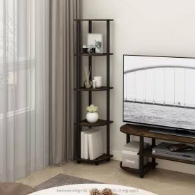 Bookcase, 5-Shelf Modern Corner in Wood Finish (Color: Black/Brown)