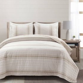 Beige Off-White 3 Piece Stripe Reversible Cotton Quilt Set (size: King)