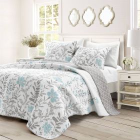 Blue Grey Floral Lightweight Thin Polyester Fabric 3-Piece Quilt Set (size: King)