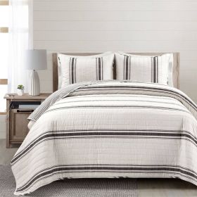 Black Off-White 3 Piece Stripe Reversible Cotton Quilt Set (size: King)