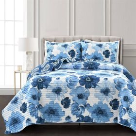 Blue Flowers Lightweight Polyester Microfiber Quilt Set (size: King)