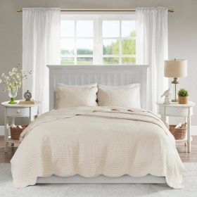 Reversible Scalloped Edges Microfiber Quilt Set in Cream (size: King)