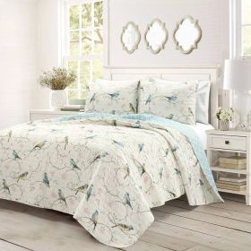 Reversible Polyester Lightweight Floral Birds 3 Piece Quilt Set (size: King)