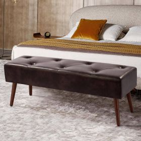 Bed Bench, Mid-Century with Leather Upholstered Seat Solid Wood Legs (Color: Dark Brown)