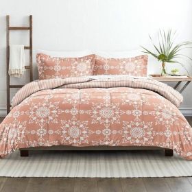 Clay and White Reversible Floral Striped Comforter Set (size: Full/Queen)