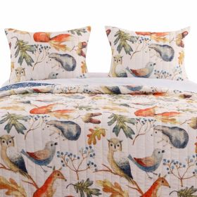 Blue Beige Birds Animals Floral Microfiber Reversible Quilt Set (size: Full/Queen)