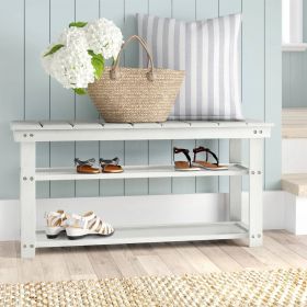 Slatted Wood 2-Shelf Shoe Rack Storage Bench For Entryway or Closet (Color: White)
