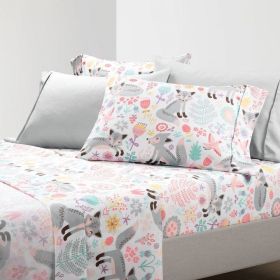 Sheet Set, Pink Grey White Teal Floral Fox Birds Soft Polyester (size: Full)