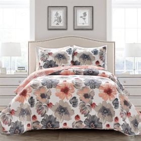 Coral Grey Flowers Lightweight Polyester Microfiber Quilt Set (size: King)