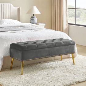 Bench, Mid-Century Modern End of Bed Storage with Velvet Seat and Gold Legs (Color: Grey)