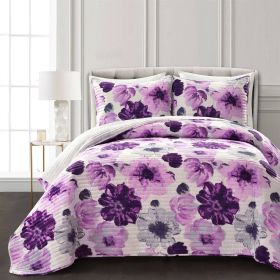 Purple Grey Flowers Lightweight Polyester Microfiber Quilt Set (size: King)
