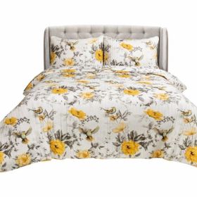 White Yellow Grey Reversible Floral Birds Cotton Quilt Set (size: King)