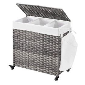 Laundry Basket Cart, Handwoven 3-Section with Cotton Liner on Wheels (size: Grey Pp Rattan)