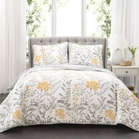 Yellow Grey Floral Light Thin Cotton Polyester Blend Quilt Set (size: King)