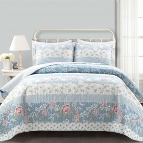 Blue Pink White Beige Floral Cottage Lightweight 3-Piece Quilt Set (size: King)