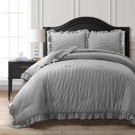 Grey White Stripe Ruffle Reversible 3 Piece Comforter Set (size: King/Ca King)