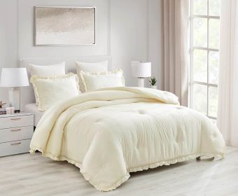 Ivory Microfiber 3-Piece Comforter Set with Ruffled Edge Trim (size: King)