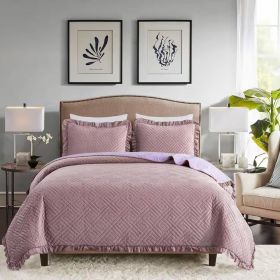 Violet/Rose-Wood Velvet Microfiber Polyester Reversible 3-Piece Quilt Set (size: King)