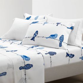 Blue White Floral Birds on Wire Soft Polyester 6 Piece Sheet Set (size: King)