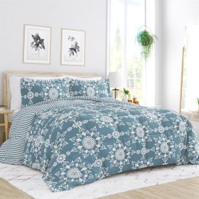 3-Piece Blue and White Reversible Floral Striped Comforter Set (size: King)