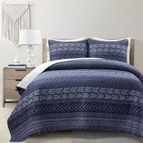 Scandinavian Chevron Navy Blue White Reversible Cotton Quilt Set (size: King)