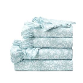 Polyester Blue Ruffle Floral 6 Piece Sheet Set (size: King)