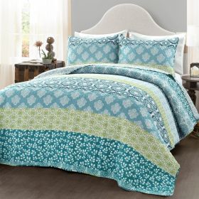 Cotton 3 Piece Reversible Blue White Green Floral Damask Quilt Set (size: King)