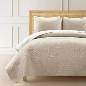 Lightweight Fern Leaf Reversible 3-PC White Beige Cotton Quilt Set (size: King)