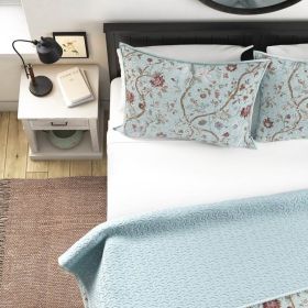 Farmhouse Blue Teal Floral Vines Cotton Reversible Quilt Set (size: King)